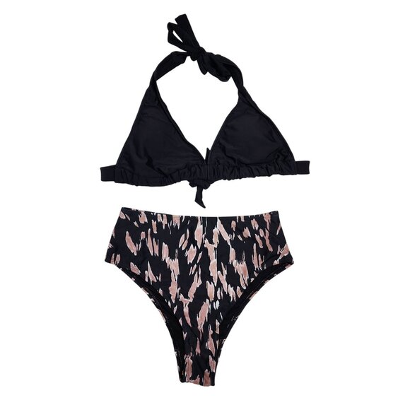 Black Halter Bikini Set High-Waisted Printed Bottoms Size M Swimwear Women - Picture 1 of 7